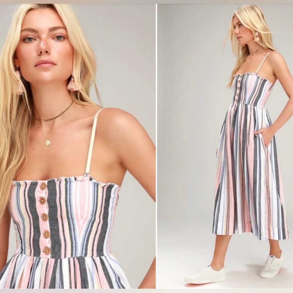 Free People Lilah Pleated Striped Midi Dress Removable Straps Cotton